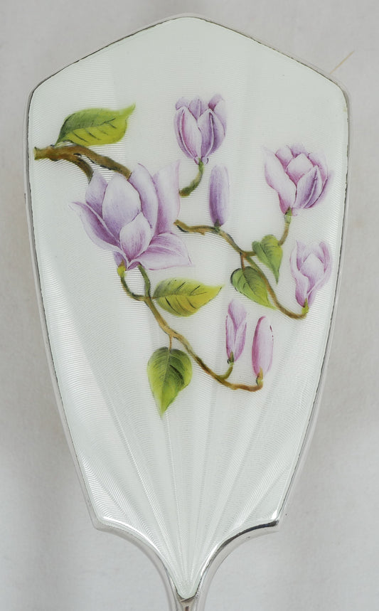 Vintage 1961 Sterling Silver 2pc Guilloche Enamel Magnolia Hair Brush Mirror Set