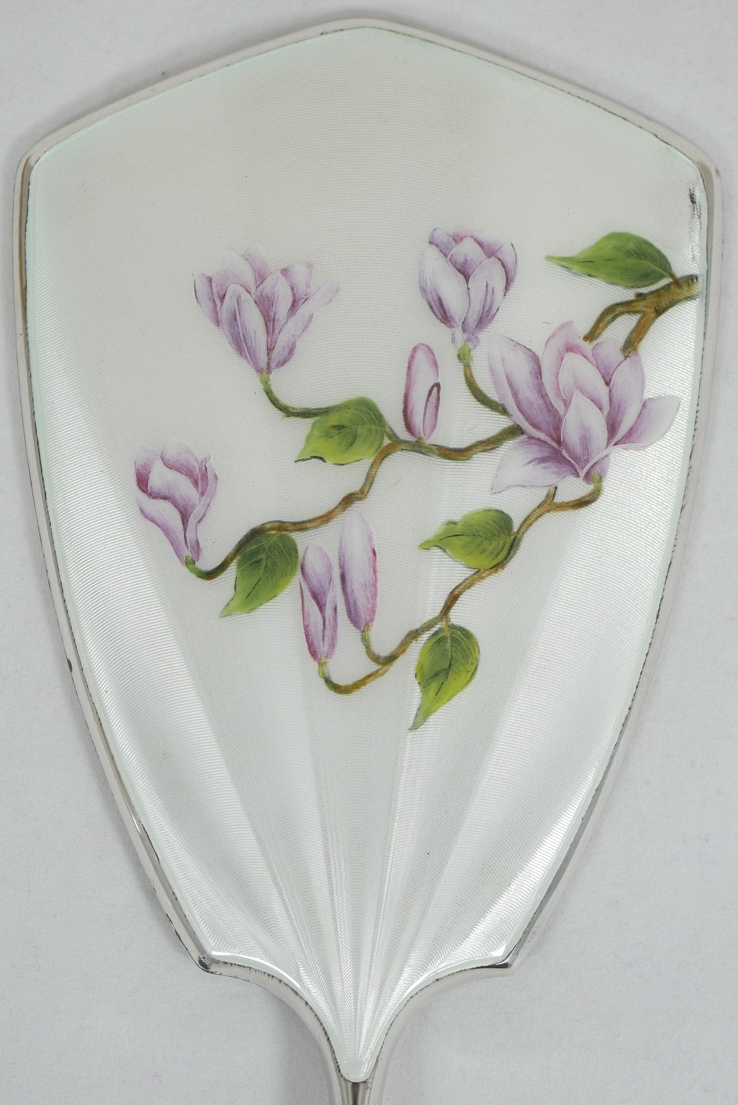 Vintage 1961 Sterling Silver 2pc Guilloche Enamel Magnolia Hair Brush Mirror Set