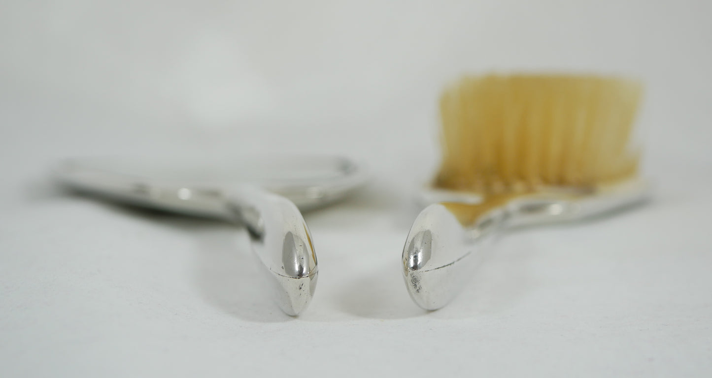 Vintage 1961 Sterling Silver 2pc Guilloche Enamel Magnolia Hair Brush Mirror Set