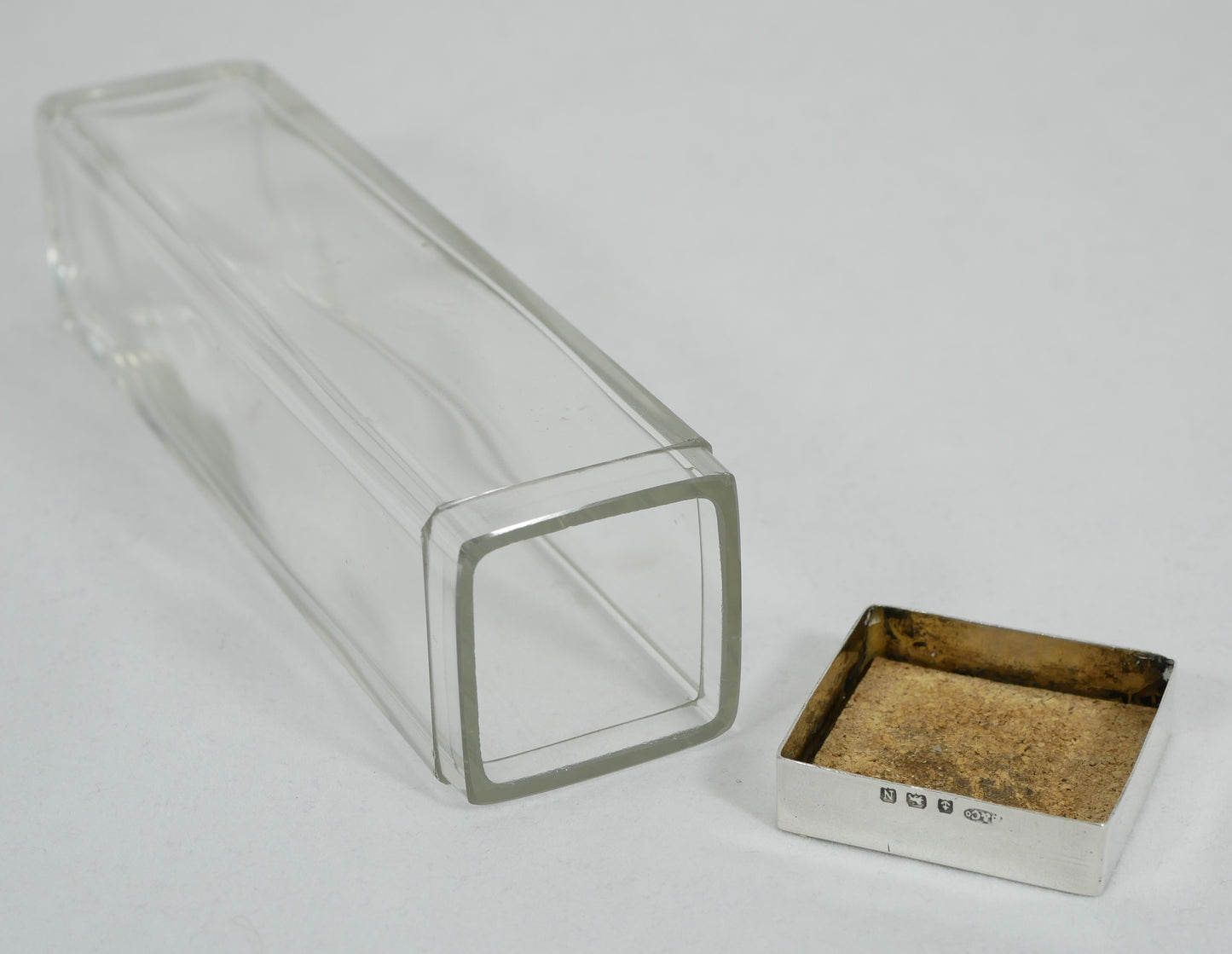 Antique Art Deco 1937 Sterling Silver Square Glass Tall Hairpin Pin Bottle Jar