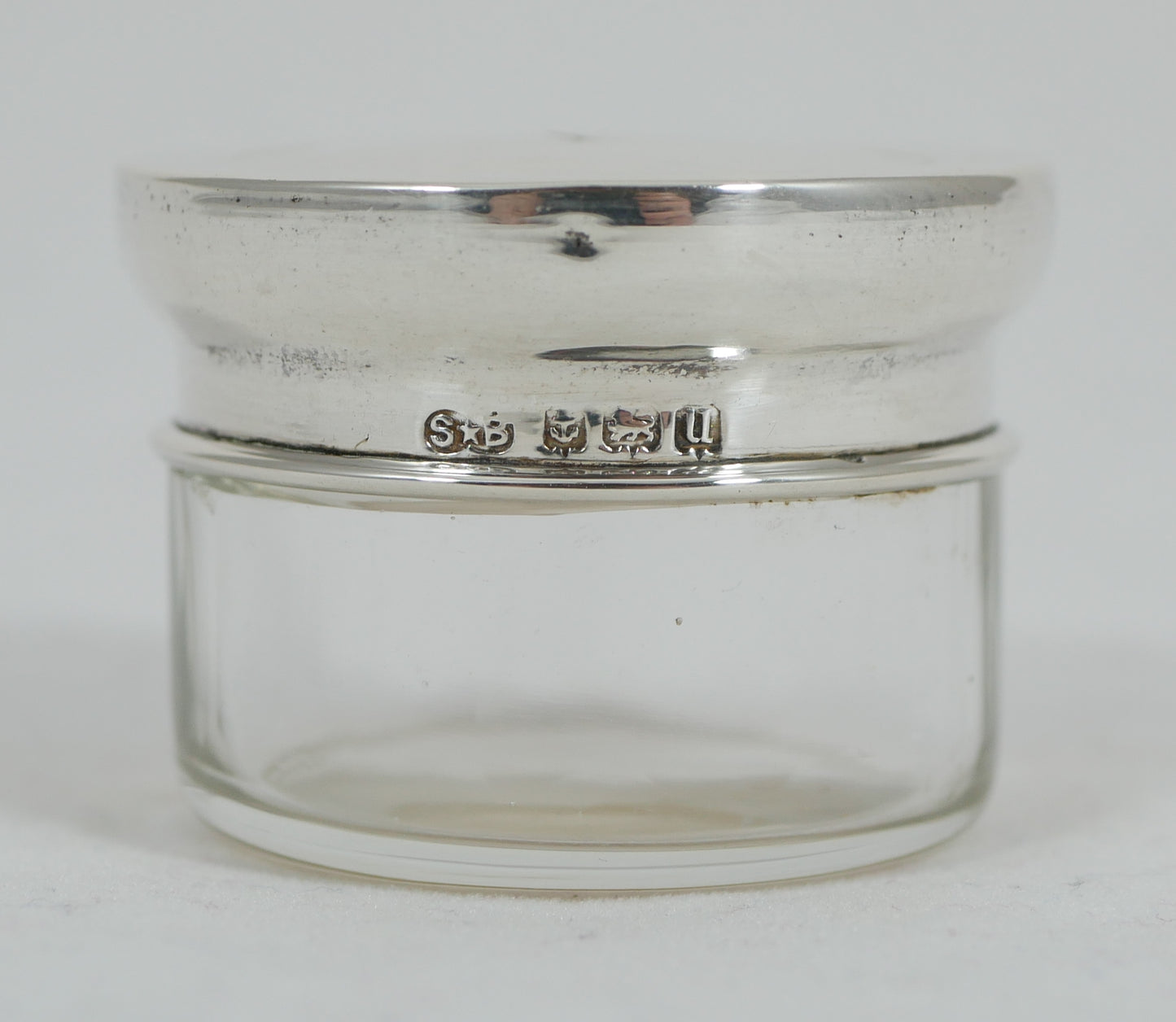 Antique Edwardian 1919 Sterling Silver Round Glass Rouge Pot Pill Box Jar Bottle