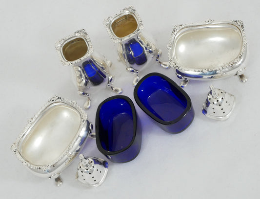Antique Edwardian 1915 Sterling Silver 4pc Cruet Set Salt Cellar Dish Pepper Pot