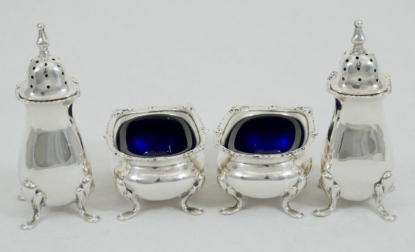 Antique Edwardian 1915 Sterling Silver 4pc Cruet Set Salt Cellar Dish Pepper Pot