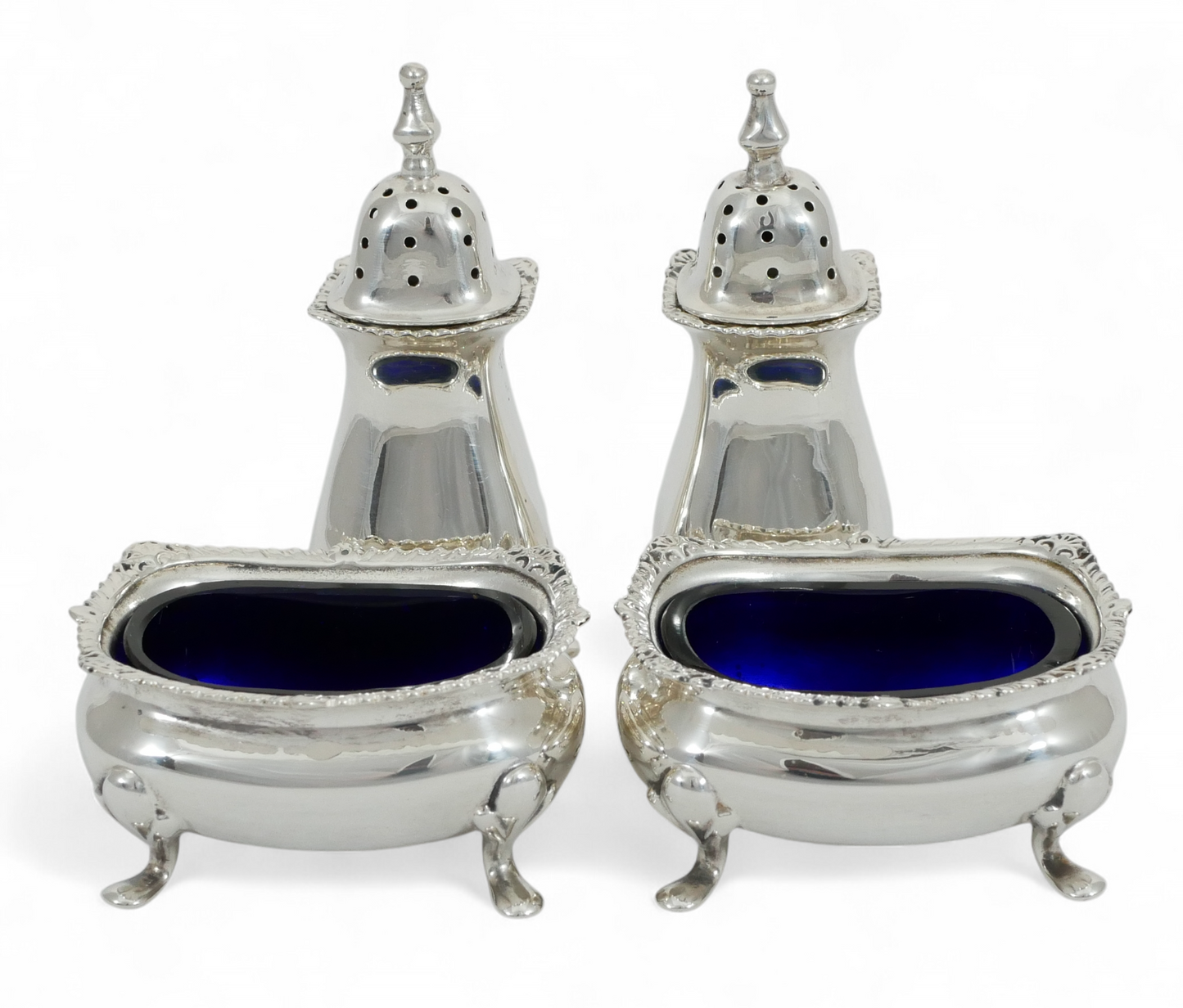 Antique Edwardian 1915 Sterling Silver 4pc Cruet Set Salt Cellar Dish Pepper Pot