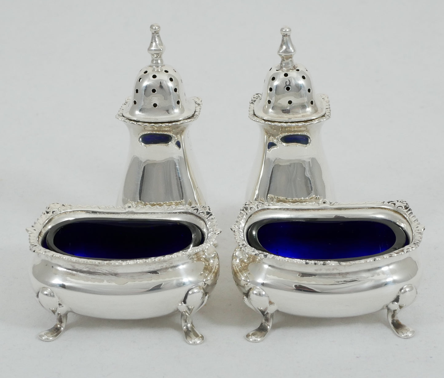 Antique Edwardian 1915 Sterling Silver 4pc Cruet Set Salt Cellar Dish Pepper Pot