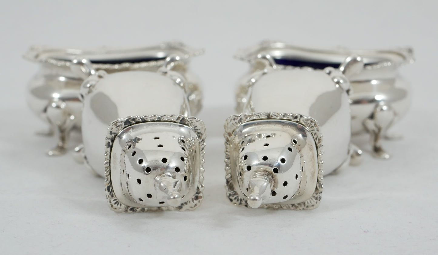 Antique Edwardian 1915 Sterling Silver 4pc Cruet Set Salt Cellar Dish Pepper Pot