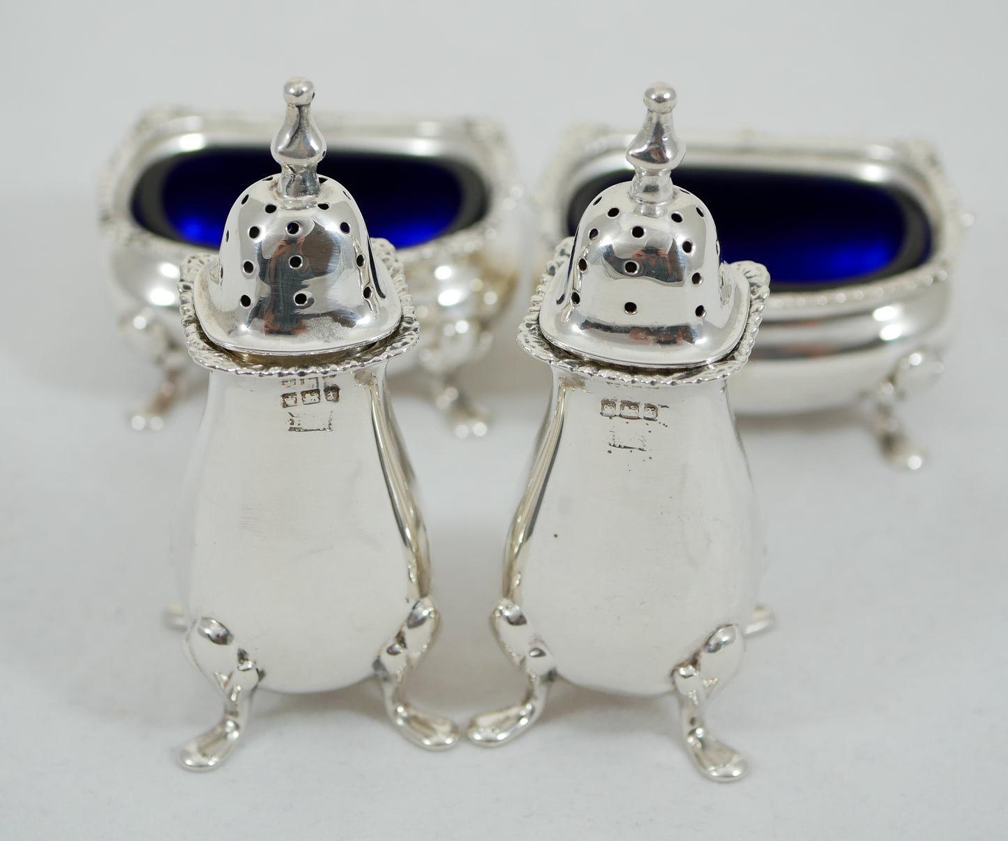 Antique Edwardian 1915 Sterling Silver 4pc Cruet Set Salt Cellar Dish Pepper Pot