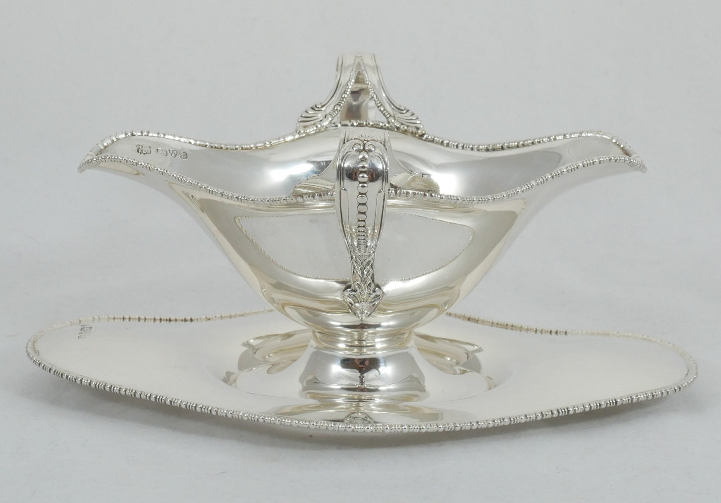 Antique Edwardian 1907 Sterling Silver Double Ended Gravy Sauce Boat Saucer Tray