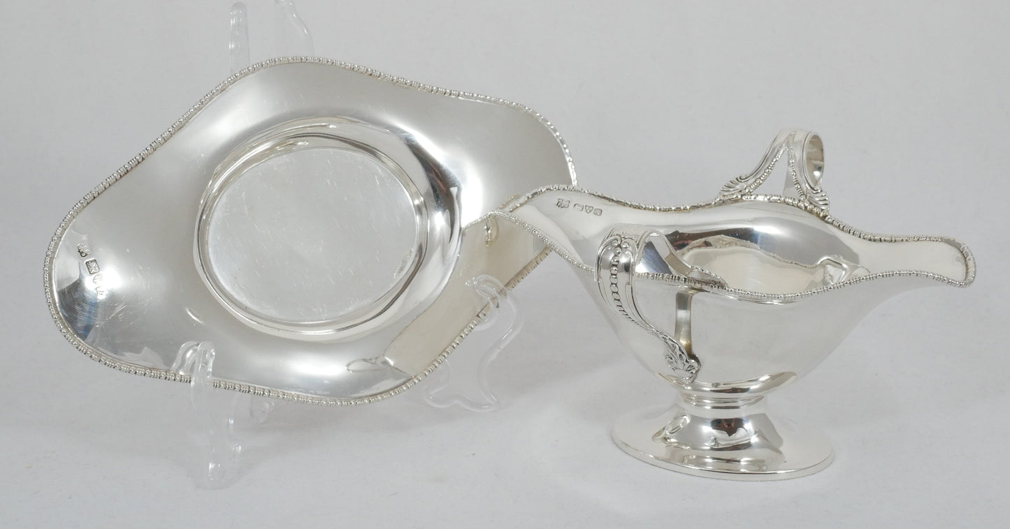 Antique Edwardian 1907 Sterling Silver Double Ended Gravy Sauce Boat Saucer Tray