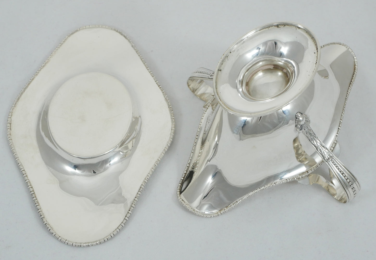 Antique Edwardian 1907 Sterling Silver Double Ended Gravy Sauce Boat Saucer Tray