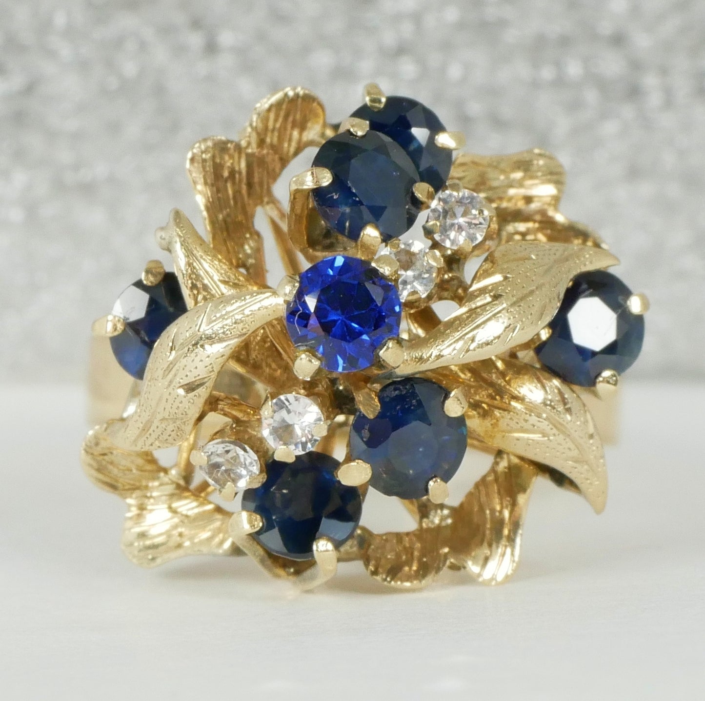 Vintage Solid 10ct Yellow Gold Blue Sapphire Thai Princess Cocktail Ring 8 P 56