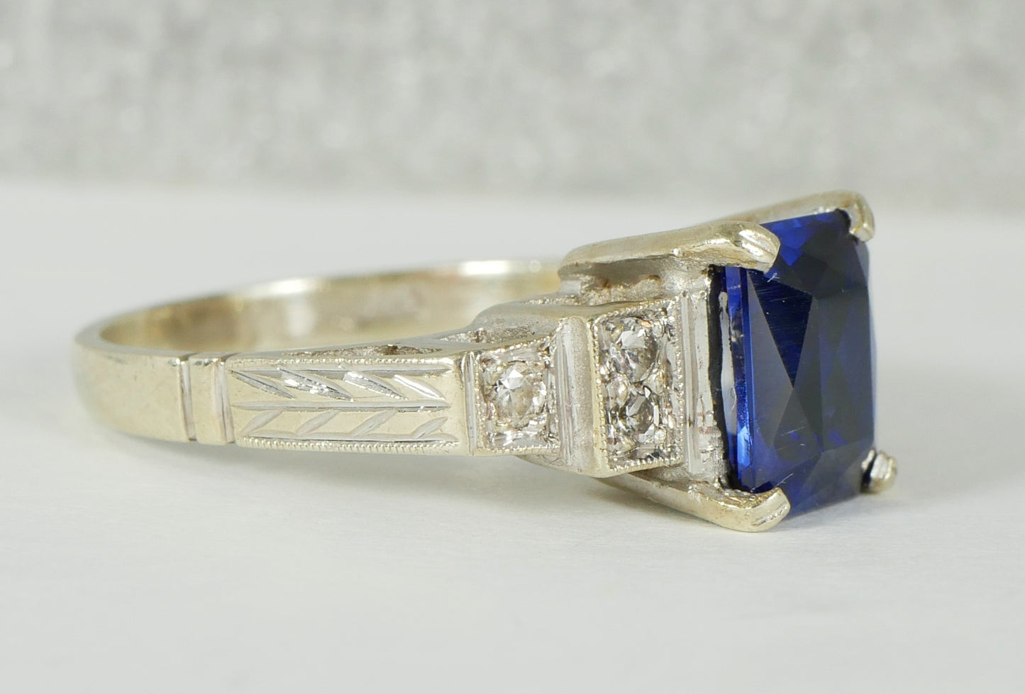 Vintage Art Deco Solid 9ct Yellow White Gold Blue Sapphire Dress Ring 7 N 54