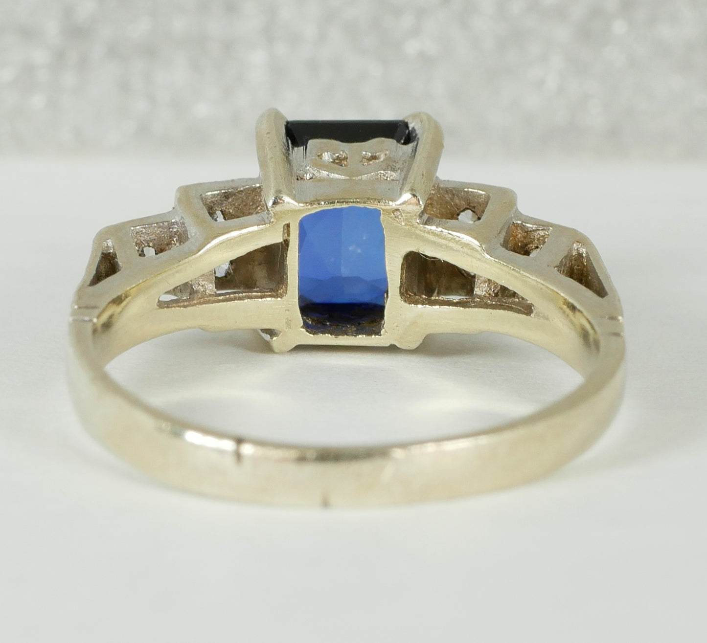 Vintage Art Deco Solid 9ct Yellow White Gold Blue Sapphire Dress Ring 7 N 54