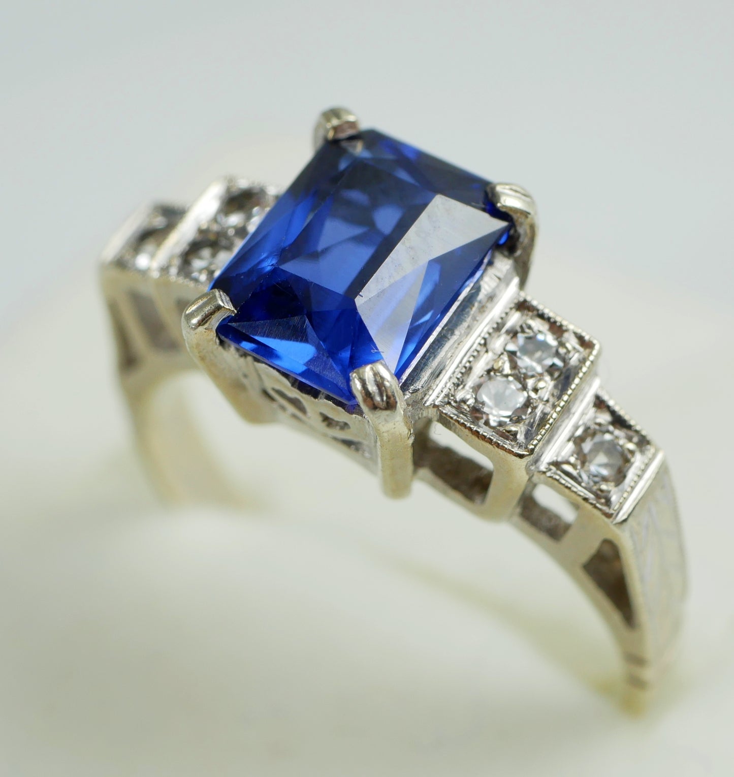 Vintage Art Deco Solid 9ct Yellow White Gold Blue Sapphire Dress Ring 7 N 54