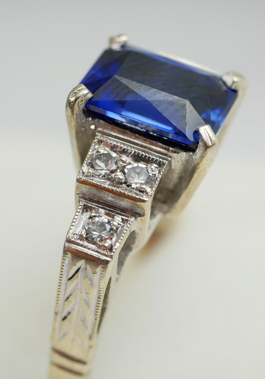 Vintage Art Deco Solid 9ct Yellow White Gold Blue Sapphire Dress Ring 7 N 54