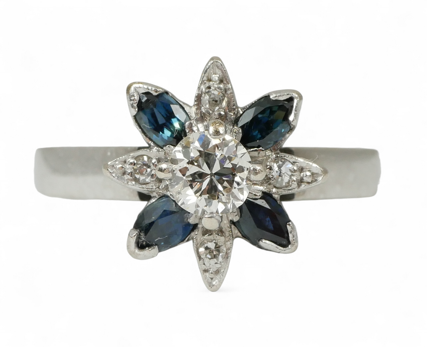 Vintage Solid 18ct White Gold 0.30ct Diamond Sapphire Flower Dress Ring 5.5 K 50