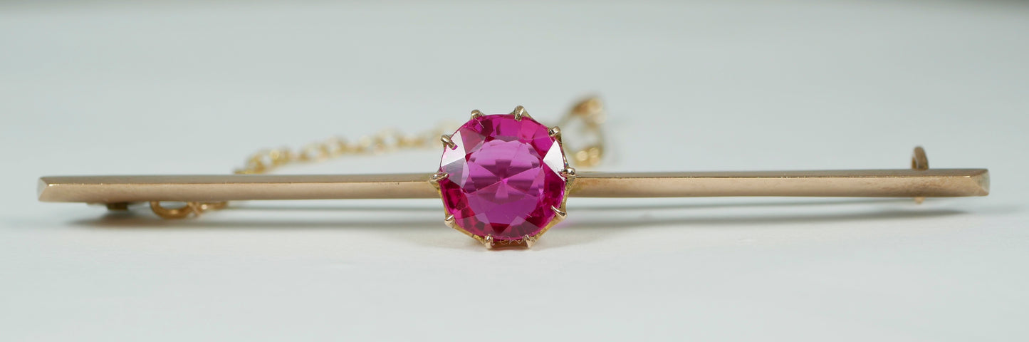 Antique Vintage Solid 9ct Yellow Gold Pink Sapphire 63mm Bar Brooch Safety Chain