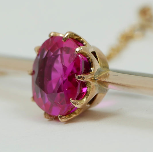 Antique Vintage Solid 9ct Yellow Gold Pink Sapphire 63mm Bar Brooch Safety Chain