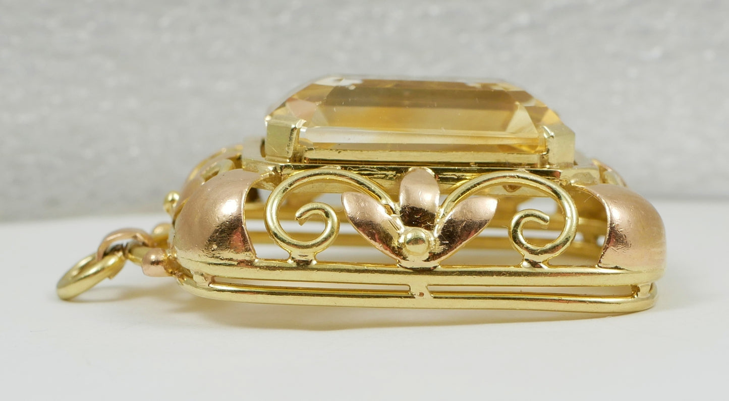 Large 35mm Solid 14ct Yellow Gold 10.85ct Emerald Cut Citrine Necklace Pendant