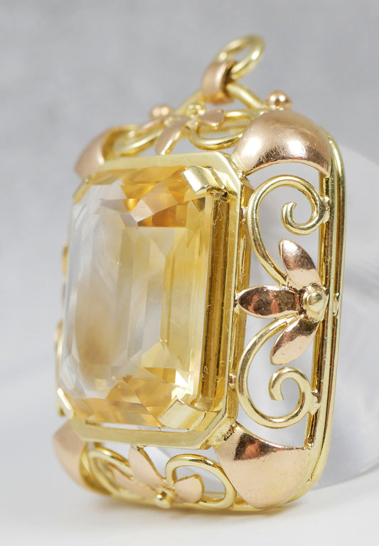 Large 35mm Solid 14ct Yellow Gold 10.85ct Emerald Cut Citrine Necklace Pendant