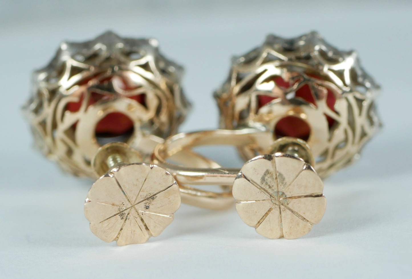 Vintage Set of Solid 9ct Yellow Gold Garnet Sapphire Cluster Screw Back Earrings