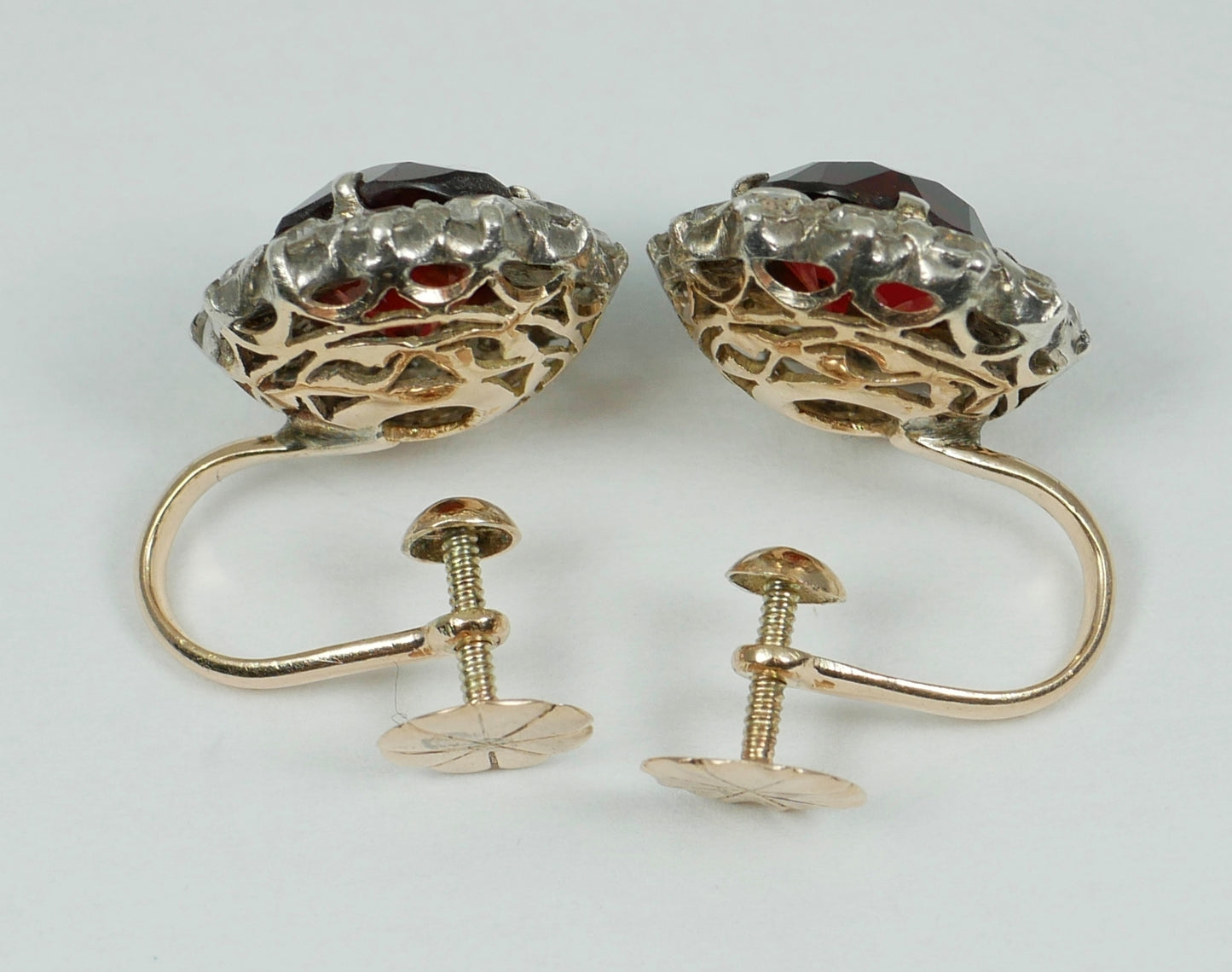 Vintage Set of Solid 9ct Yellow Gold Garnet Sapphire Cluster Screw Back Earrings