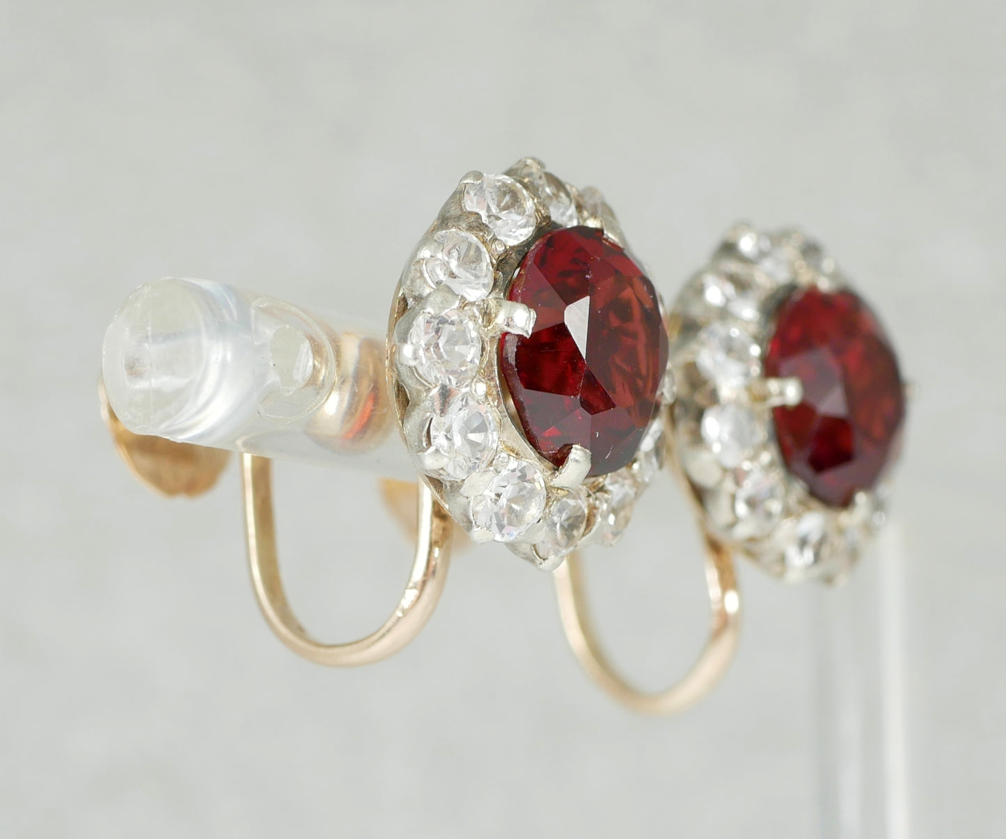 Vintage Set of Solid 9ct Yellow Gold Garnet Sapphire Cluster Screw Back Earrings