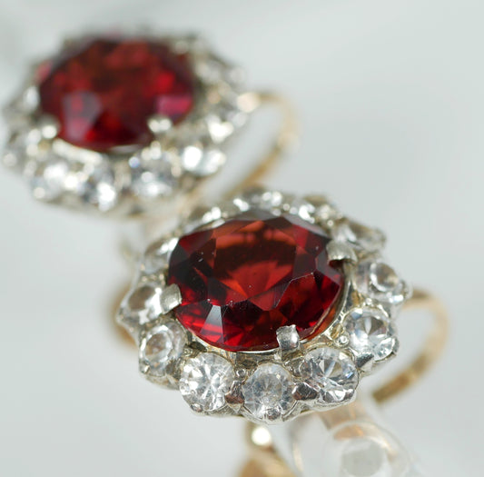 Vintage Set of Solid 9ct Yellow Gold Garnet Sapphire Cluster Screw Back Earrings