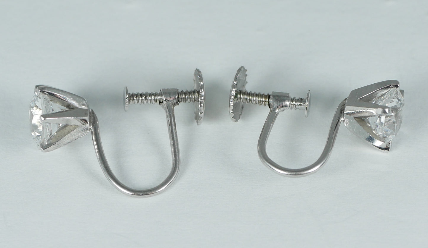 Vintage Set of Solid 9ct White Gold 6mm White Topaz French Screw Back Earrings