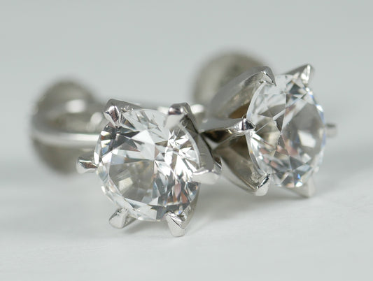 Vintage Set of Solid 9ct White Gold 6mm White Topaz French Screw Back Earrings