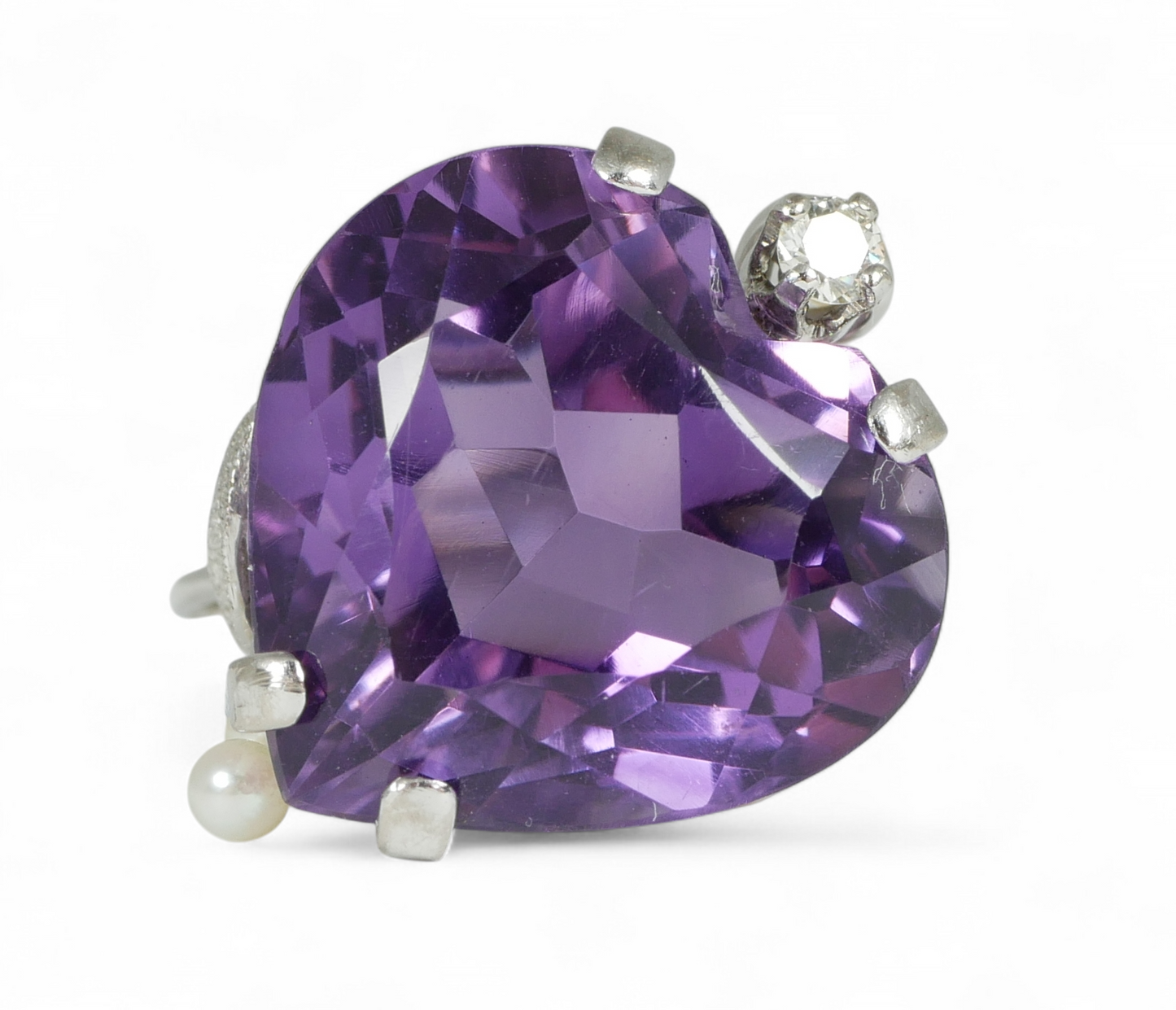 Solid 18ct White Gold Heart Amethyst Diamond Pearl Cocktail Dress Ring 7.5 O 55
