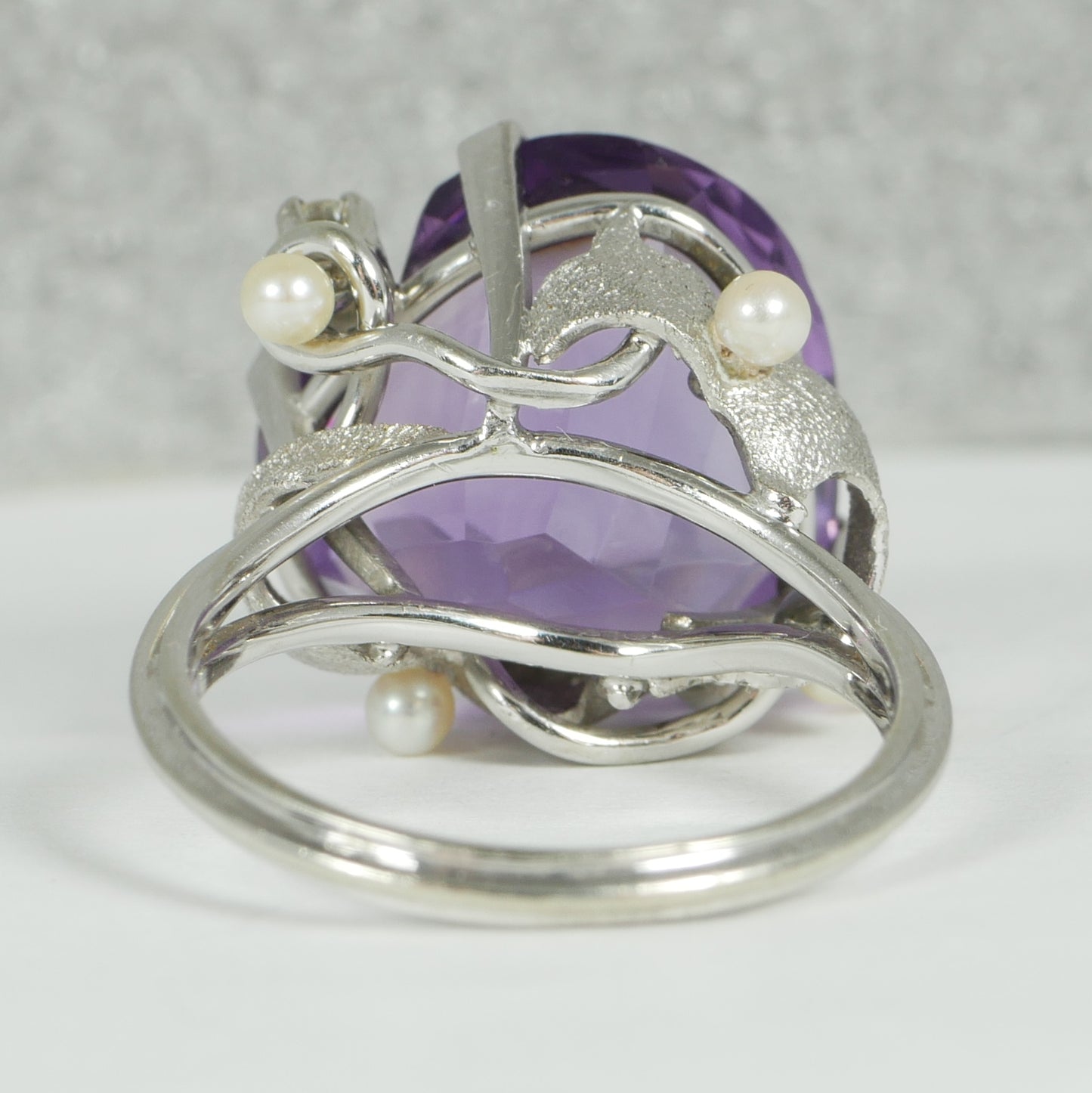 Solid 18ct White Gold Heart Amethyst Diamond Pearl Cocktail Dress Ring 7.5 O 55