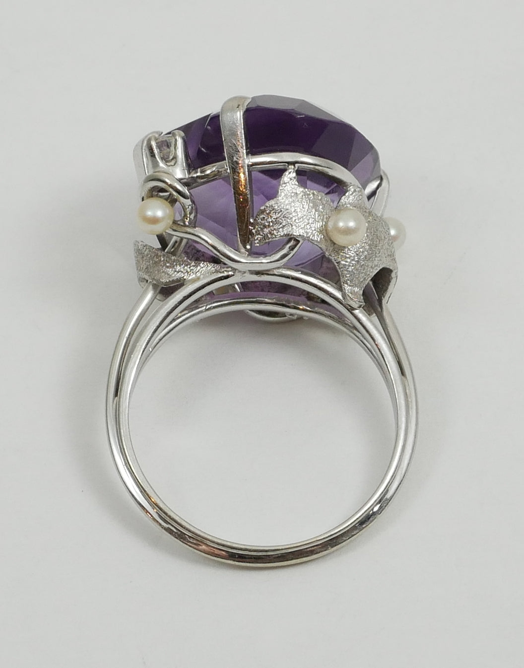 Solid 18ct White Gold Heart Amethyst Diamond Pearl Cocktail Dress Ring 7.5 O 55
