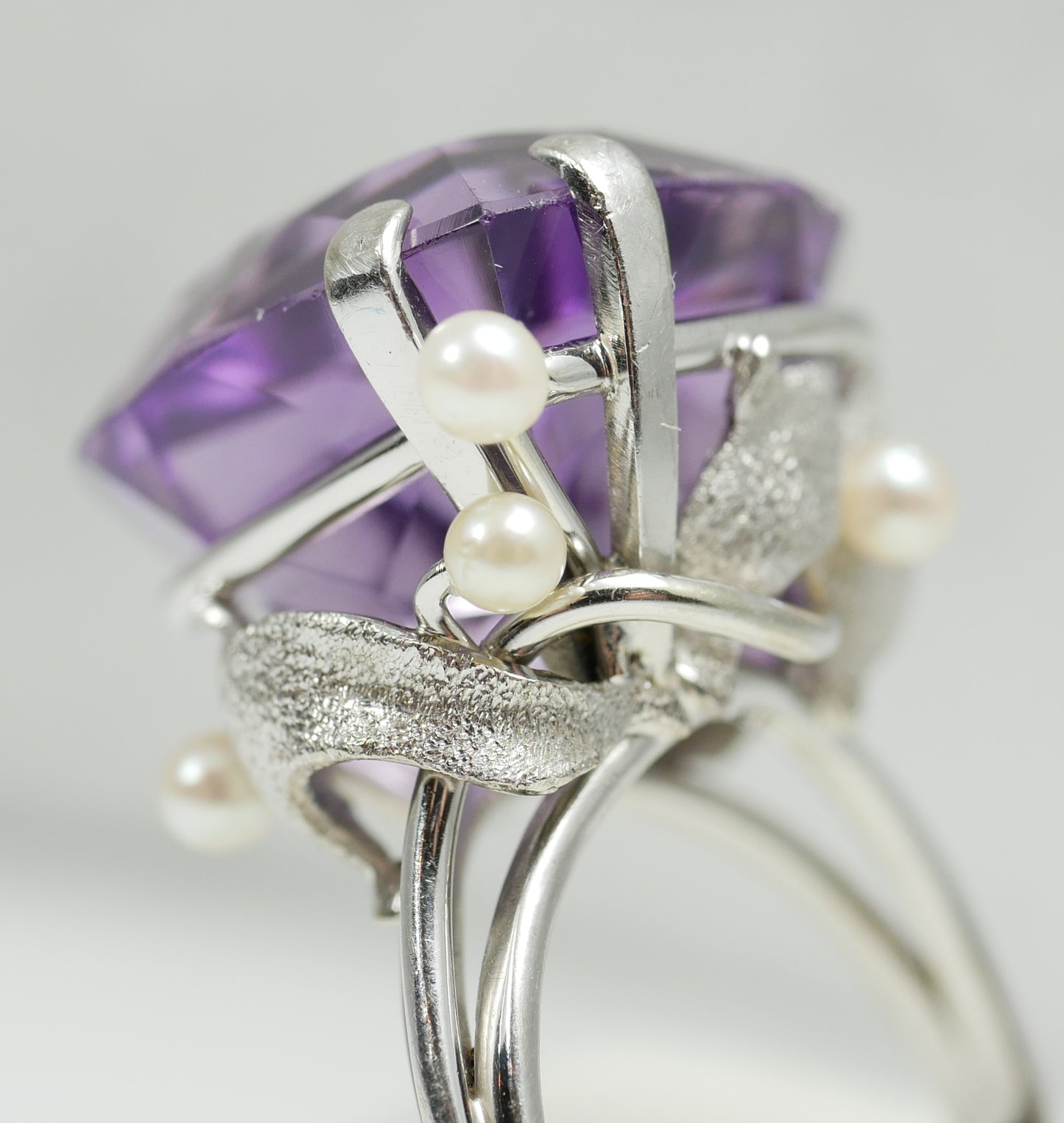 Solid 18ct White Gold Heart Amethyst Diamond Pearl Cocktail Dress Ring 7.5 O 55