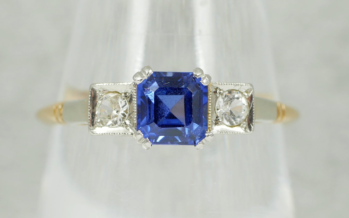 Art Deco Solid 18ct Yellow Gold Platinum Sapphire 3 Stone Dress Ring Size 7 N 54