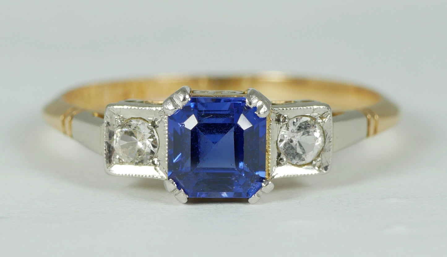 Art Deco Solid 18ct Yellow Gold Platinum Sapphire 3 Stone Dress Ring Size 7 N 54