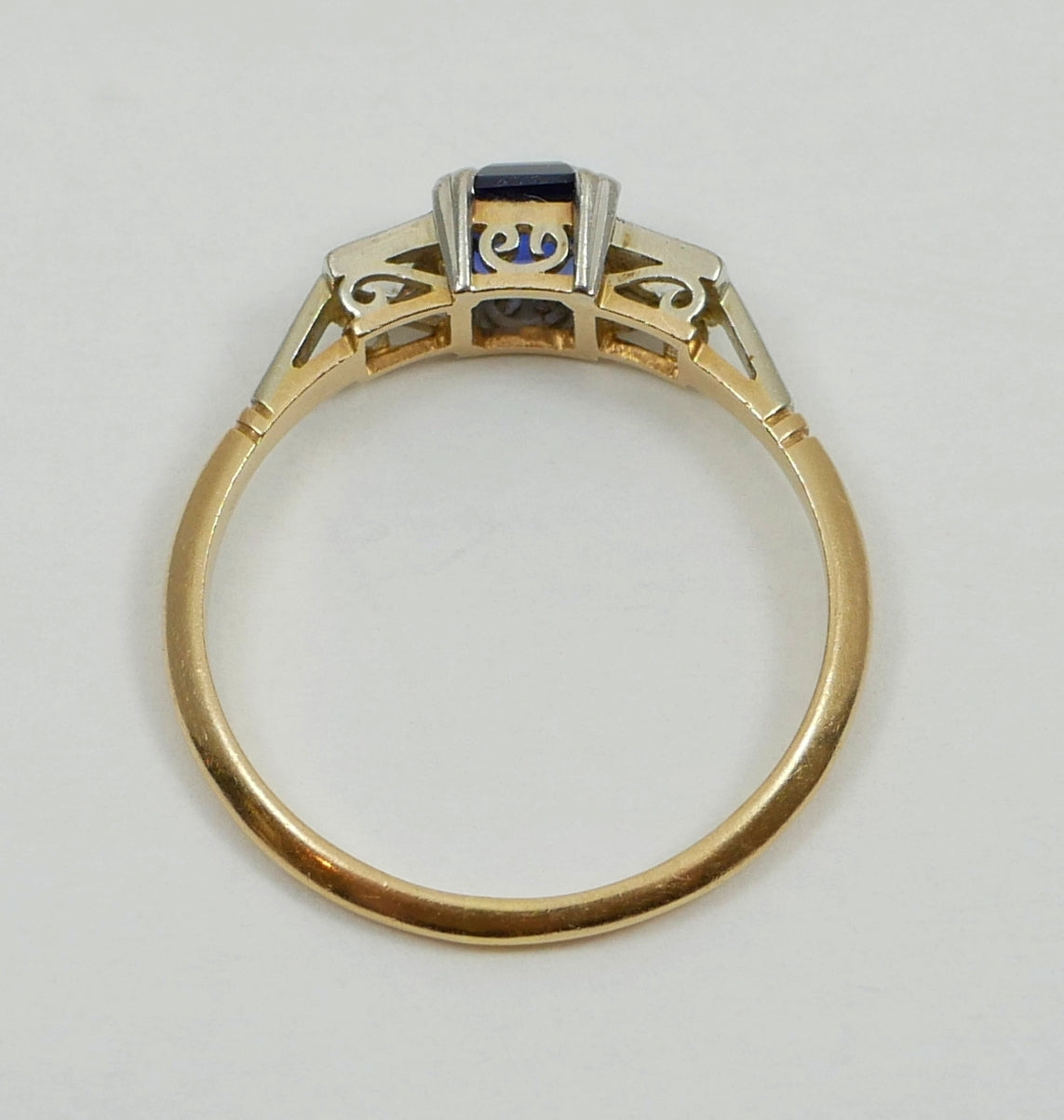 Art Deco Solid 18ct Yellow Gold Platinum Sapphire 3 Stone Dress Ring Size 7 N 54