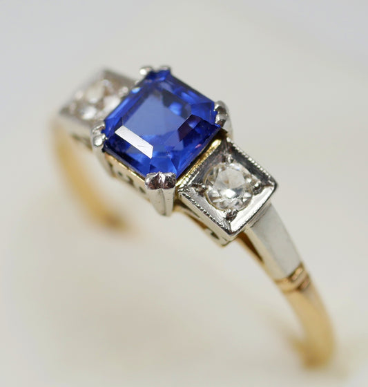 Art Deco Solid 18ct Yellow Gold Platinum Sapphire 3 Stone Dress Ring Size 7 N 54