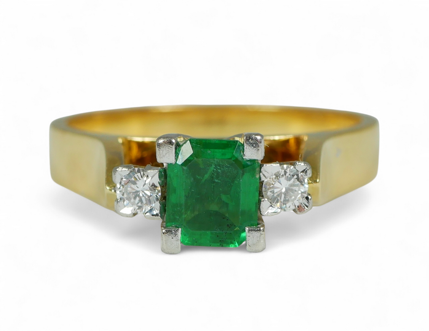 Vintage Solid 18ct Yellow Gold Emerald Diamond 3 Stone Dress Ring Size 6.5 M 52