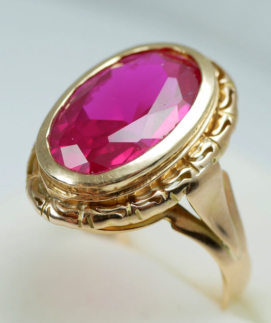 Vintage Solid 14ct Yellow Gold Oval Cut 7ct Ruby Cocktail Dress Ring Size 8 P 56