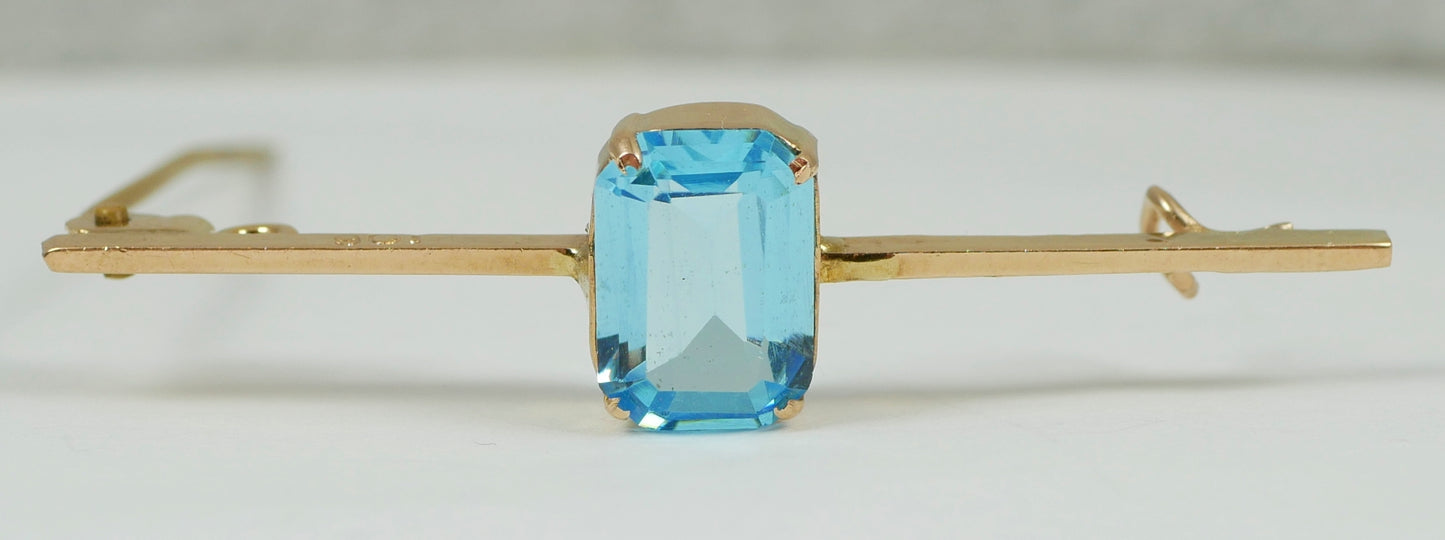 Antique Art Deco Solid 9ct Yellow Gold Aquamarine Glass Paste Bar Brooch Pin 375