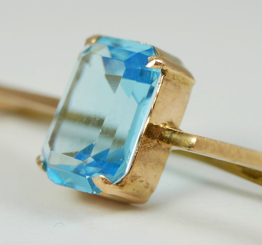 Antique Art Deco Solid 9ct Yellow Gold Aquamarine Glass Paste Bar Brooch Pin 375