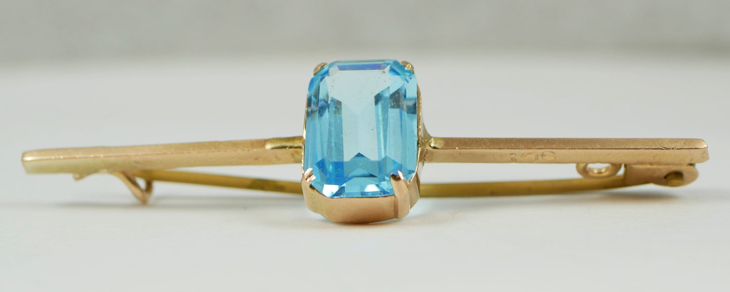 Antique Art Deco Solid 9ct Yellow Gold Aquamarine Glass Paste Bar Brooch Pin 375