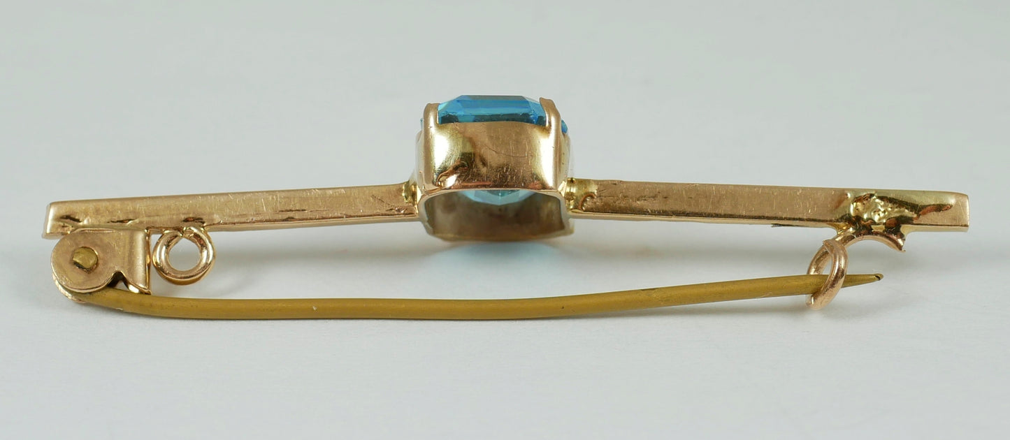 Antique Art Deco Solid 9ct Yellow Gold Aquamarine Glass Paste Bar Brooch Pin 375