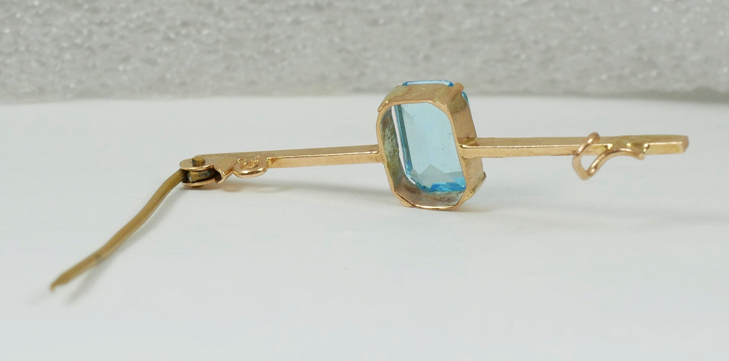 Antique Art Deco Solid 9ct Yellow Gold Aquamarine Glass Paste Bar Brooch Pin 375