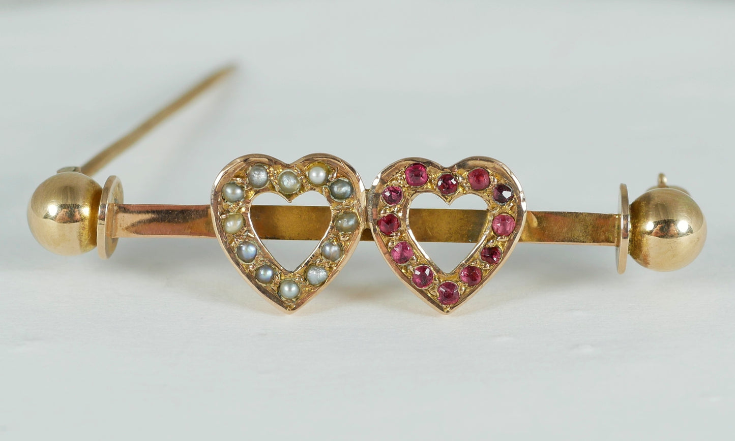 Antique English Solid 9ct Yellow Gold Seed Pearl & Garnet Twin Hearts Brooch Pin