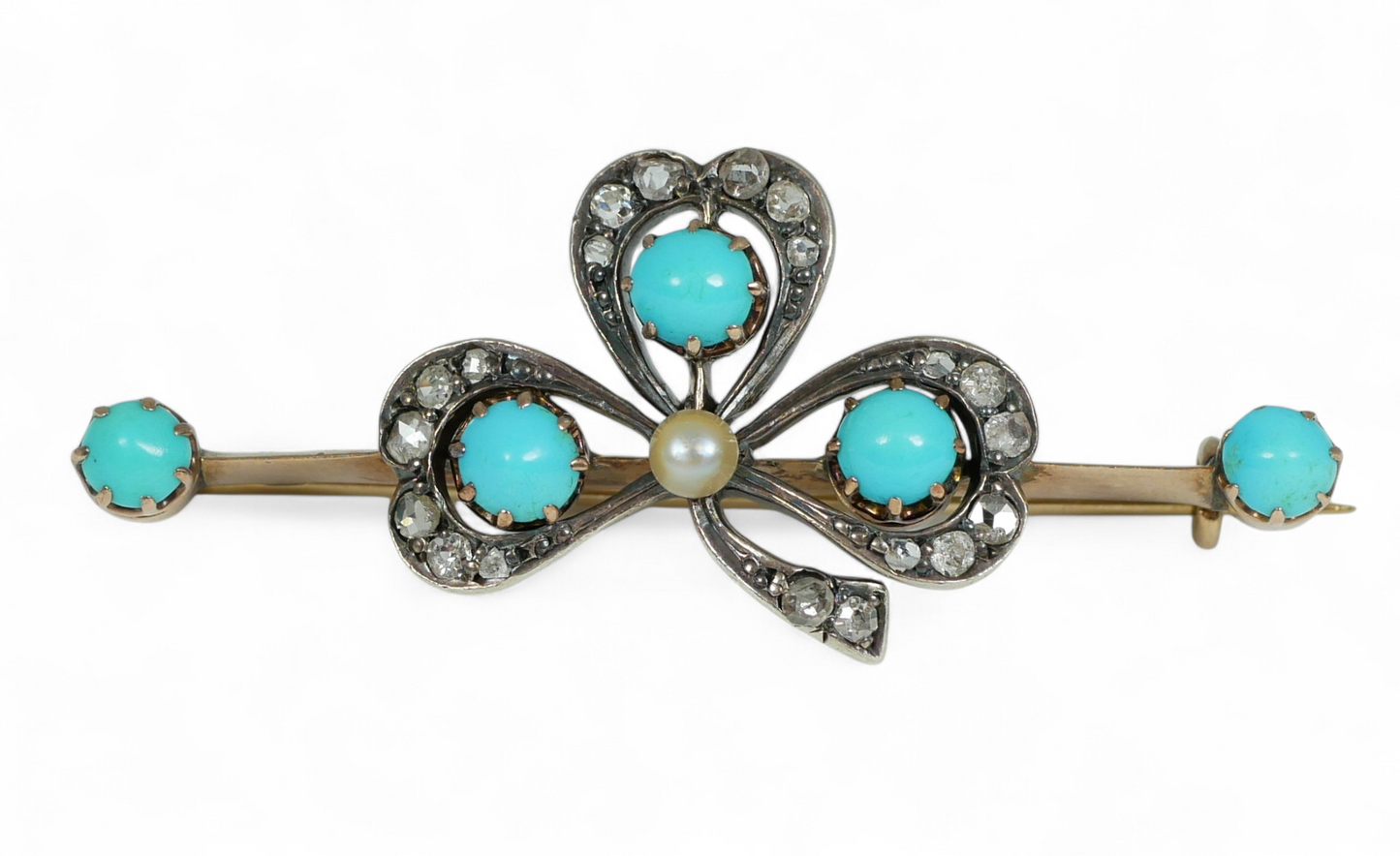 Antique Victorian 9ct Yellow Gold Turquoise Diamond Pearl Shamrock Brooch Clover