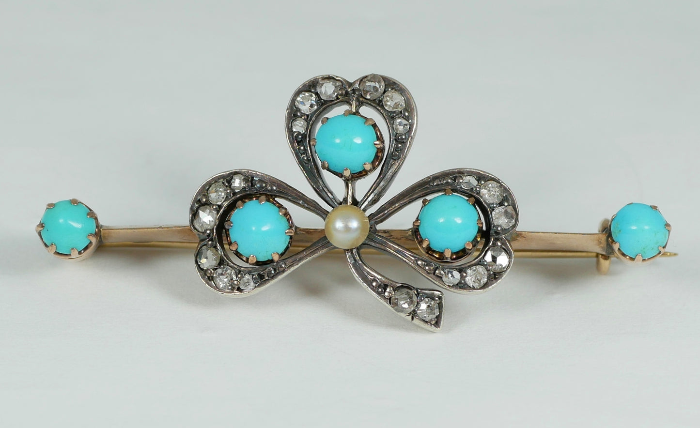 Antique Victorian 9ct Yellow Gold Turquoise Diamond Pearl Shamrock Brooch Clover