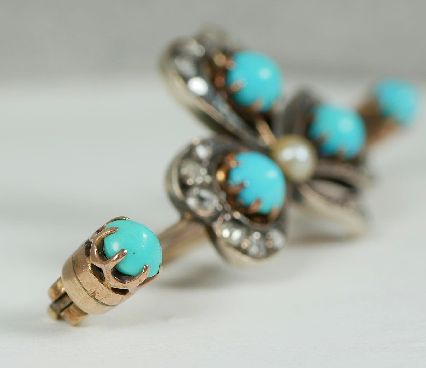 Antique Victorian 9ct Yellow Gold Turquoise Diamond Pearl Shamrock Brooch Clover