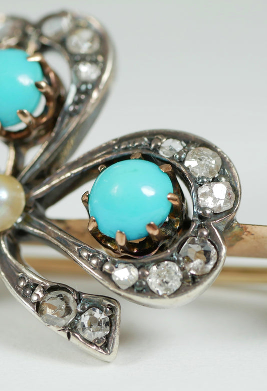 Antique Victorian 9ct Yellow Gold Turquoise Diamond Pearl Shamrock Brooch Clover